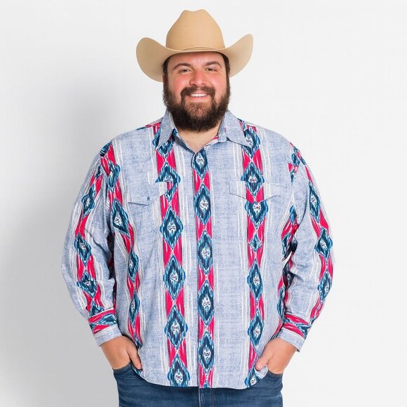 Wrangler Mens Western Pearl Snap Shirt Blue Pink Southwestern Print Size XXL - Picture 1 of 13